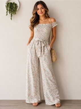 Guess Cream Floral Off-Shoulder Wide-Leg Jumpsuit Size M